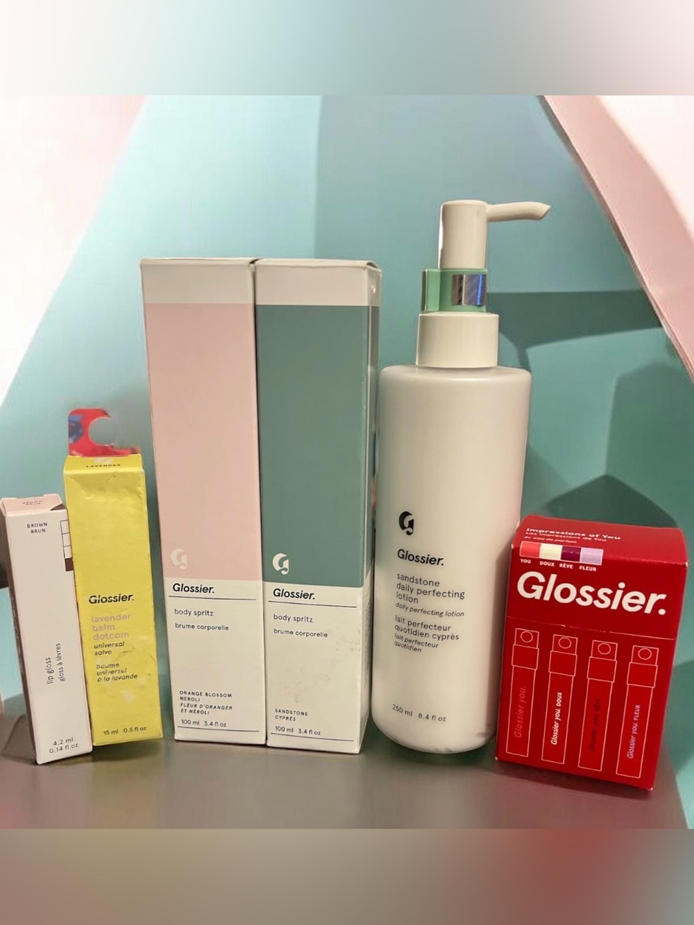 Glossier Body Spritz, Lip Gloss, Balm Dotcom, and Lotion Set